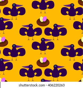 Children cute bright pattern three ravens guard a nest with eggs on a orange background.  Bright children's drawing, pattern, for printing on fabric, paper, packaging, wallpaper.
