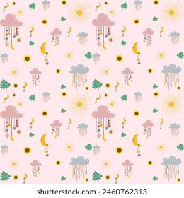 Children cute cloudy with rainbows ribbon, sun, moon, sunflower, monstera leaf on pastel color background seamless pattern. Design for children’s fabric, clothing, texture, textile, wrapping, blanket
