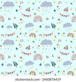 Children cute cloudy with rainbows ribbon, sun, moon, sunflower, monstera leaf on pastel color background seamless pattern. Design for children’s fabric, clothing, texture, textile, wrapping, blanket