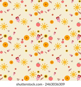 Children cute cloudy with rainbows ribbon, sun, moon, sunflower, monstera leaf on pastel color background seamless pattern. Design for children’s fabric, clothing, texture, textile, wrapping, blanket