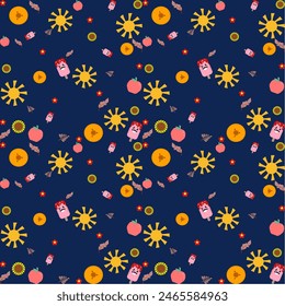 Children cute cloudy with rainbows ribbon, sun, moon, sunflower, monstera leaf on pastel color background seamless pattern. Design for children’s fabric, clothing, texture, textile, wrapping, blanket