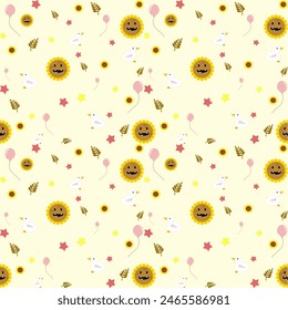 Children cute cloudy with rainbows ribbon, sun, moon, sunflower, monstera leaf on pastel color background seamless pattern. Design for children’s fabric, clothing, texture, textile, wrapping, blanket