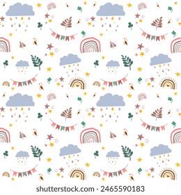 Children cute cloudy with rainbows ribbon, sun, moon, sunflower, monstera leaf on pastel color background seamless pattern. Design for children’s fabric, clothing, texture, textile, wrapping, blanket