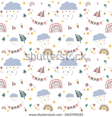 Children cute cloudy with rainbows ribbon, sun, moon, sunflower, monstera leaf on pastel color background seamless pattern. Design for children’s fabric, clothing, texture, textile, wrapping, blanket