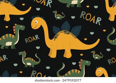 Children cute dinosaur pattern on black isolated background with roar lettering. Vector yellow and green dinosaurs in children cartoon style. For children's decor, cards, prints.