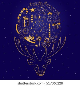 Children Cute Drawings Arranged in a Shape of a Circle Between Deer's Horns. Hand Drawn Golden Silhouette of Reindeer and Holiday's Symbols. Perfect for Festive Design..Vector illustration.