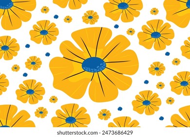 Children cute flower pattern on isolated background. Vector orange flowers in children's botanical style. For wallpaper, seasonal decor, cards.