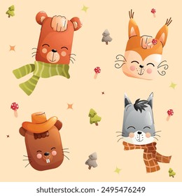 Children cute forest animals set with cozy scarves. Collection features illustrated a bear, a fox, a beaver, and a wolf.