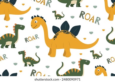 Children cute funny dinosaur pattern on white isolated background. Seamless prehistoric dino in cartoon concept. For decorating children's parties, cards, prints.