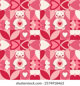 Children cute geometric seamless pattern with teddy bear. Love and heart simple shapes icons make mosaic endless background sale banner print. Trendy minimalist geometry Valentine's day cover design