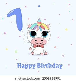 Children cute greeting card with baby unicorn holding number 7 ballon. Kids birthday invitation with magical animal concept.