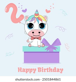 Children cute greeting card with unicorn. Kids birthday poster with magic animal.