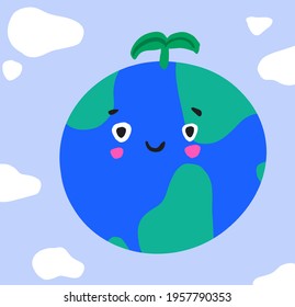 Children cute illustration happy earth day save environment love ecology leaf nature vegan help support green vector clip art postcard graphic design postcard textile