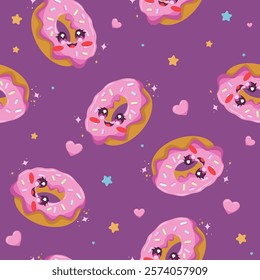 Children cute pattern. Background with donuts. Cute sweet dessert in kawaii style. Vector illustration.