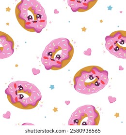 Children cute pattern. Background with donuts on white. Cute sweet dessert in kawaii style. Vector illustration.