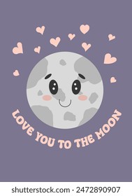 Children cute poster background.   Moon with cute face and hearts. Love you to the moon. Pastel colors, good night sleep, vector design.