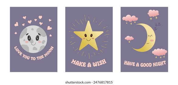 Children cute poster background set. Moon with cute face and hearts. Crescent with clouds, star make a wish. Love you to the moon. Pastel colors, good night sleep, vector design.