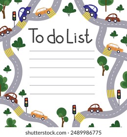 Children cute school to do list with vibrant of cars, roads, trees and road signs. Funny vector cars in cartoon flat style. Back to school concept for boys. For planners, school notes, office notes.