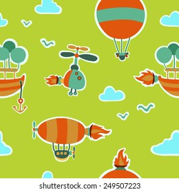 Children cute seamless pattern with  and aeronautical machines, clouds and birds