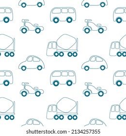 Children cute seamless pattern with cartoon cars. Vector outline illustration for fabric, textile, background, wallpaper.