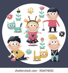 Children cute set made with cats, kids, toys, flowers, plants, babies