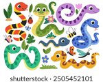 Children cute snakes set. Snakes, insects and flowers collection. Isolated on white background.