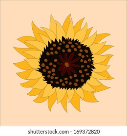 Children cute  sunflowerdrawing. Cutout object. Cartoon illustration. Autumn floral background. Vector format. Can be used for decoration design works, backgrounds, invitations.