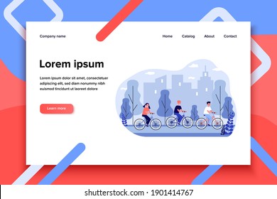 Children cycling in city park. Bicycle, cityscape, sport flat vector illustration. Friendship and activity concept for banner, website design or landing web page