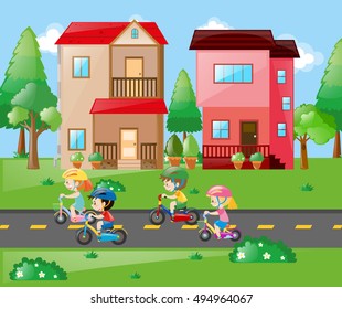 Children cycling in the neighborhood illustration