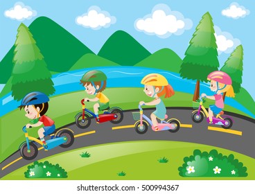 Children cycling in the park at daytime illustration