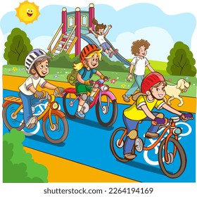 niños ciclismo y patinaje sobre el vector de la caricatura de ruta ciclista