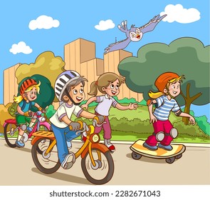 children cycling and skateboarding cartoon vector