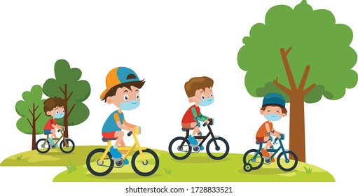 children cycling together in the park.eps