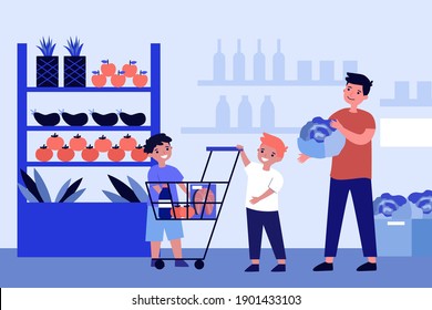 Children and dad buying healthy food in supermarket. Fresh fruit, vegetables, organic products. Flat vector illustration. Farm market, shopping concept for banner, website design or landing web page