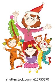 children dance around the Christmas tree. llustration
