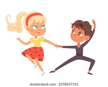 Children dance. Happy boy and girl perform modern energy pair dance. Little music fans. Cute colorful cartoon kids vector illustration isolated on white background. Happiness, gladness and fun.