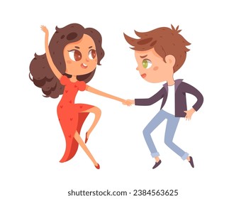 Children dance. Happy boy and girl dancing together disco. Little music fans. Cute colorful cartoon kids vector illustration isolated on white background. Happiness, gladness and fun.
