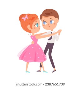 Children dance. Happy boy and girl perform classic pair dance. Little music fans. Cute colorful cartoon kids vector illustration isolated on white background. Happiness, gladness and fun.