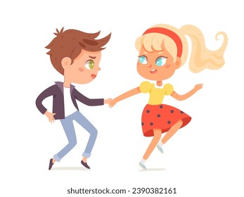 Children dance. Happy boy and girl dancing together hip hop. Little music fans. Cute colorful cartoon kids vector illustration isolated on white background. Happiness, gladness and fun.