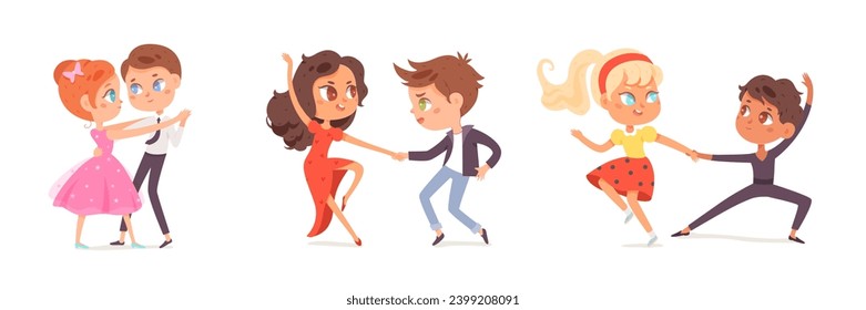 Children dance. Happy boys and girls perform various dance numbers. Child dancing studio. Friendly sport kids battle. Cute colorful cartoon kids vector illustration set. Happiness, gladness and fun.