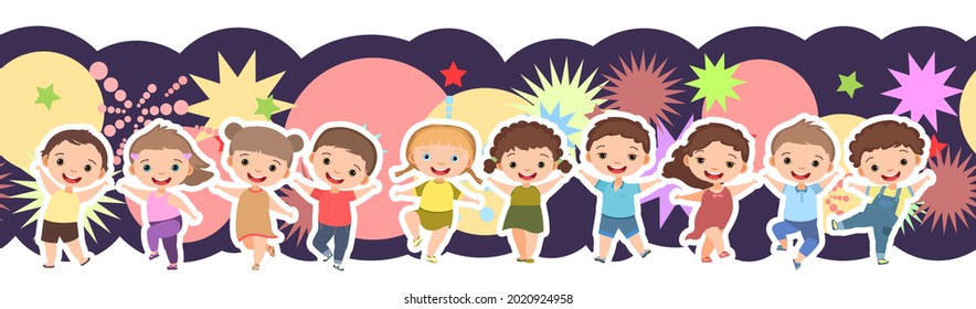 Children dance joy. Happy childhood. Seamless. Little boys and girls. Kid is jumping for joy at the party. Nice kid. Cartoon style. Isolated on white background. Vector