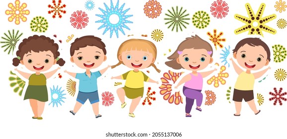 Children dance joy. Happy childhood. Firework. Little boys and girls. Kid is jumping for joy at the party. Nice kid. Cartoon style. Isolated on white background. Vector.