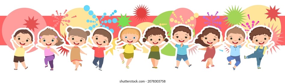 Children dance joy. Happy childhood. Little boys and girls. Horizontal composition. Kid is jumping for joy at the party. Nice kid. Cartoon style. Isolated on white background. Vector.