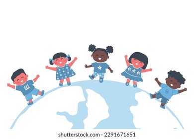 Children dance on the globe. Diverse group of kids have fun. Happy baby girls and baby boys. Vector illustration