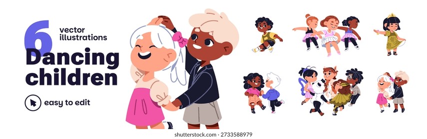 Conjunto de baile para niños. Grupo de niños bailarines realiza ballet, breakdance juntos. Los niños felices se divierten con la música. Lindas niñas y niños en la discoteca. Ilustraciones vectoriales aisladas planas en blanco