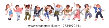 Children dance set. Happy little kids dancing at party. Excited cute funny boys and girls, child characters moving to music with fun, energy. Flat vector illustration isolated on white background