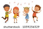 Children dancing. boys and girls dancing together happily.Jumping, shake the hips, move the body, cute cartoon Enjoy the rhythm. Have fun in childhood.Vector illustrations Isolated on white background