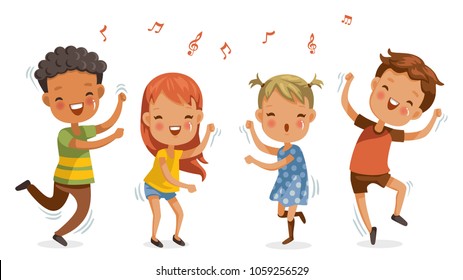 Anak-anak menari. anak laki-laki dan perempuan menari bersama bahagia.Melompat, mengguncang pinggul, memindahkan tubuh, kartun lucu Nikmati ritme. Bersenang-senang di masa kecil.Ilustrasi vektor Terisolasi pada latar belakang putih