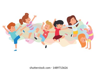 Children dancing breakdance. Happy kids joyfully jumping and laughing. Concept of happiness, gladness and fun. Funny cartoon character. Vector illustration. Isolated on white background