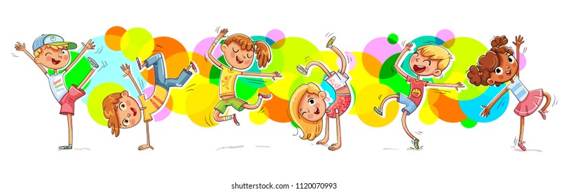 Children dancing breakdance. Happy multiracial kids joyfully jumping and laughing against the background of colorful splashes. Concept of happiness, gladness and fun. Vector illustration RGB.